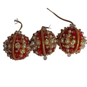 Christmas Ornaments VIctorian Push Pin Red Velvet Pearls Beads Vintage Set Of 3